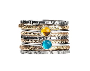 Set of 9 Custom Mixed Metal Gold and Silver Stacking Rings with Colorful Gemstones | Comfort Fit | USA Sizes 4-12