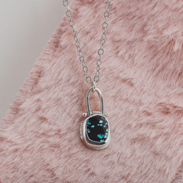 Hinge Necklace | Rectangle Spotted Cloud Mountain Turquoise Pinned  Necklace In Sterling Silver | Aqua Blue & Black Spiderweb Boho Pendant