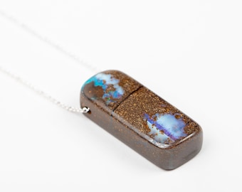 Huge Blue Boulder Opal Necklace In Sterling Silver On Long Rolo Chain | Natural Teal Multicolored Extra Long Gemstone Boho Pendant Necklace