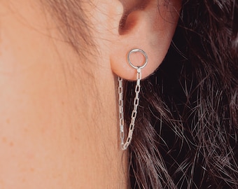 Chain Loop Earrings | Sterling Silver Circle Chain Cuff Post Stud Earrings | Minimalist Edgy Suspension Huggie Hoop Earrings