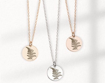 Fern Branch Disc Necklace | Engraved Coin Necklace in Silver, Gold, or Rose Gold | Boho Bohemian Plant Nature Lover Jewelry for Women