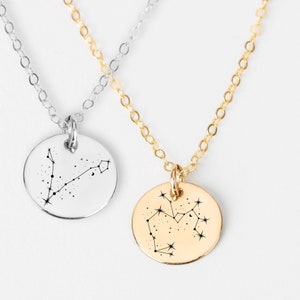 Constellation Necklace Zodiac Sign Engraved Circle Disc, Silver Gold or Rose Gold Astronomy Space Birthday Birth Month Pendant Gift image 1