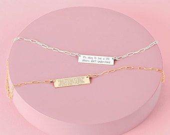 Paperclip Chain Custom Quote Bar Necklace | Personalized Engraved Message Necklace in Silver, Gold, or Rose Gold | Customized Gift for Her