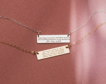 Custom Quote Bar Necklace | Personalized Engraved Skinny Message Bar Necklace in Silver, Gold, or Rose Gold | Customized Gift for Her