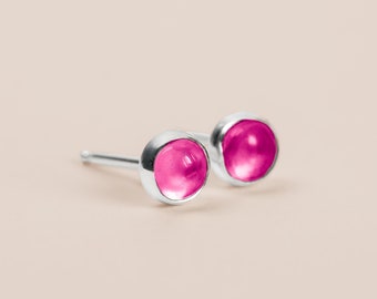 Hot Pink Ruby Gemstone Stud Earrings | Sterling Silver Small Tiny Little Round Circle Post Earrings | Multiple Sizes | July Birthstone