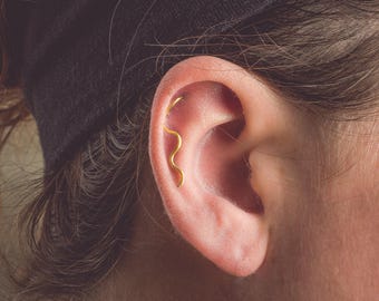 The Original Wave Cartilage Earring in 14K Solid Gold | White, Yellow, Rose Gold | Wavy Swirl Swirly Squiggle Helix Hex Piercing Jewelry