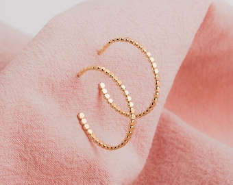 Large Glimmer Hoop Earrings | Gold, Rose Gold, Silver | Mini Dotted Dot Beaded Bead Huggie Hoops | Hammered Minimalist Everyday Studs