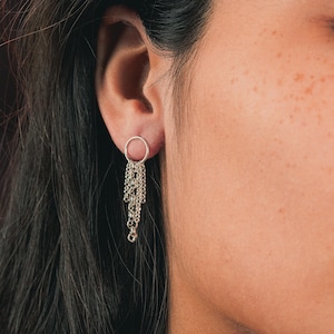Lumi Chain Tassel Earrings | Sterling Silver Circle Chain Fringe Tassel Post Stud Earrings | Minimalist Edgy Earrings | Perfect Gift for Her