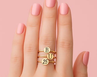 Graduation Class Ring Set | Stackable High School or College Stacking Rings | Personalized Custom Senior Year Sorority Signet Graduate Gift