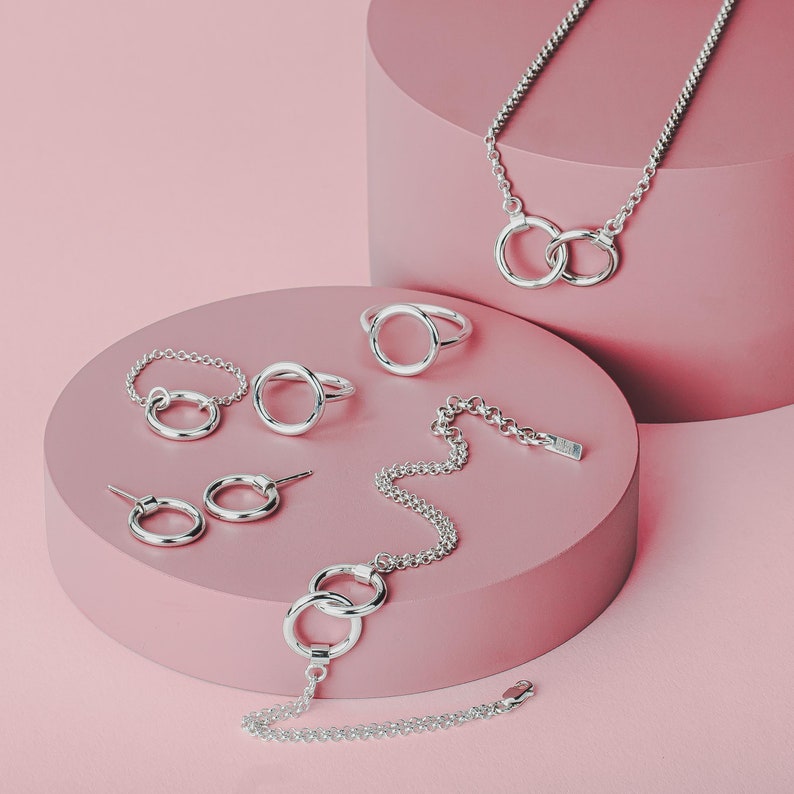 Forever Connected Necklace Chunky Sterling Silver Geometric interconnected linked Round Open Circle Halo Eternity Link Chain Necklace image 4