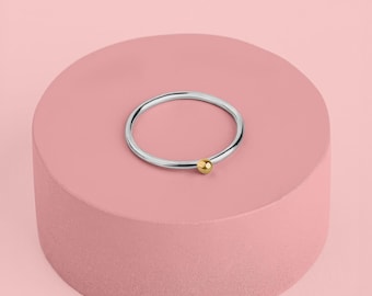 Gold Dot Stacking Ring | Mixed Metal Sterling & Solid 14K Gold Skinny Thin Stackable Stack Ring | Minimalist Jewelry for Women and Girls