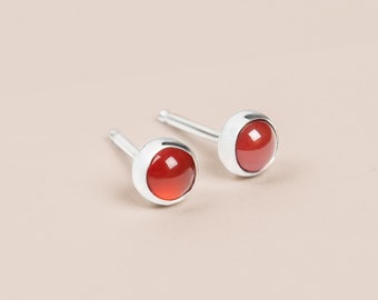 Orange Carnelian Gemstone Stud Earrings | Sterling Silver Small Little Round Circle Post Earrings | Multiple Sizes | Fall Autumn Halloween