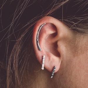 Raw Silk Cartilage Bar Earring | Sterling Silver Long Hammered Texture Helix Hex Bar Earrings | Edgy Piercing Jewelry for Women and Girls