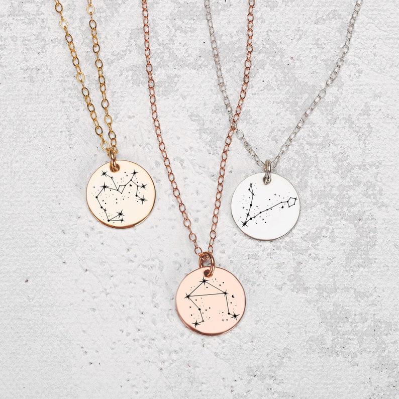 Constellation Necklace Zodiac Sign Engraved Circle Disc, Silver Gold or Rose Gold Astronomy Space Birthday Birth Month Pendant Gift image 3