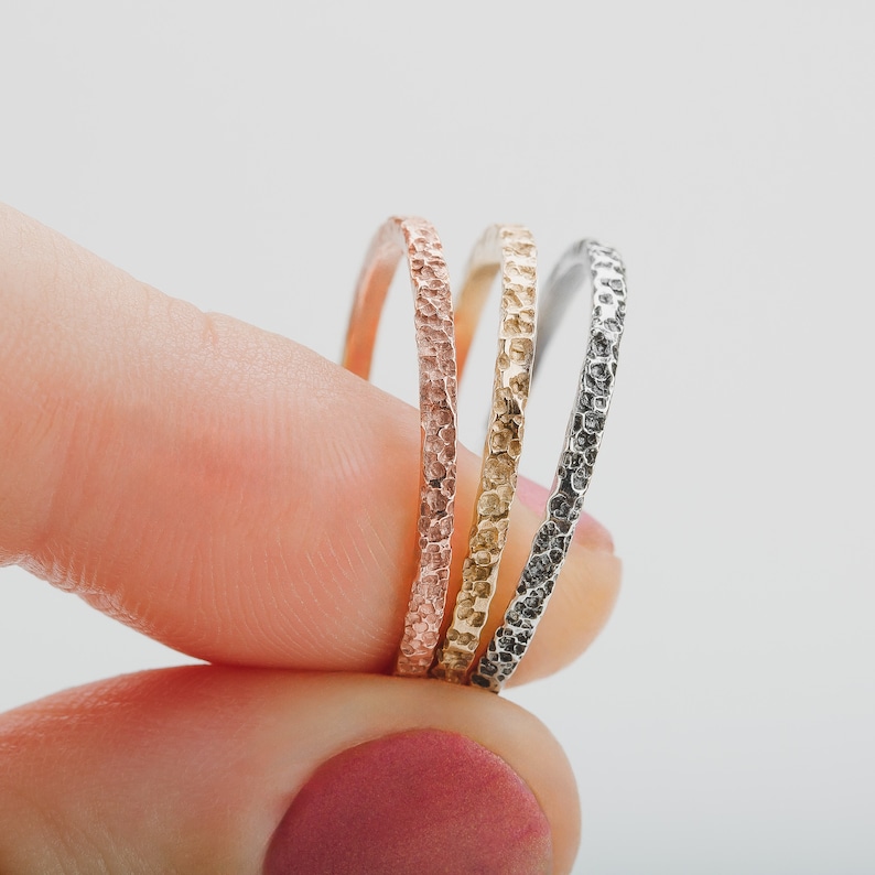 Boulder Stacking Ring Set Trio of Mixed Metal Minimalist Stack Rings, 3 thin gold silver rose gold stackable Rock Hammered Texture Rings image 5