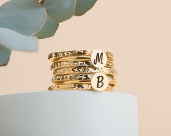 Initial Stacking Rings Set Of 7 In Gold, Silver, Or Rose Gold | Personalized Custom Letter Monogram Stackable Stack Stacking Family Ring