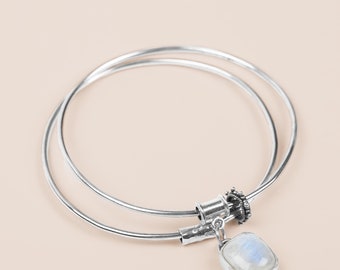 Rainbow Moonstone Bangle | Blue Flash Moonstone Gemstone Linked Bangle Bracelet | Sterling Silver Flashy Moonstone & Orbiting Fidget Charms