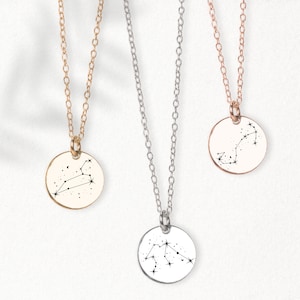 Constellation Necklace Zodiac Sign Engraved Circle Disc, Silver Gold or Rose Gold Astronomy Space Birthday Birth Month Pendant Gift image 7