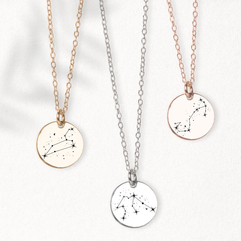 Constellation Necklace Zodiac Sign Engraved Circle Disc, Silver Gold or Rose Gold Astronomy Space Birthday Birth Month Pendant Gift image 7