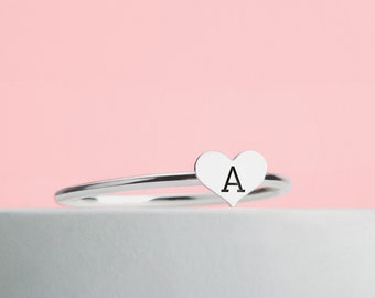 Elle Heart Ring | Dainty Personalized Custom Initial Ring, Romantic Sterling Silver Stackable Signet Band Gift Family Mothers Friendship