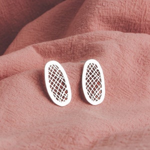 Lattice Stud Earrings Sterling Silver Large Big Organic Shaped Oval Crosshatched Checkered Grid Post Earrings Perfect Gift for Her image 6