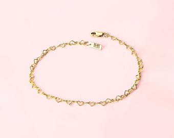 Heart Link Chain Bracelet | Gold Silver or Rose Dainty Minimalist Love Bracelet | Simple Romantic Anniversary Gift Everyday Gift for Her