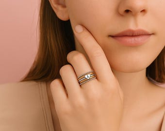 Elle Heart Stacking Ring Set of 5 | Mixed Metal Dainty Personalized Custom Initial Letter Rings | Family Mother Friendship Stackable Stack