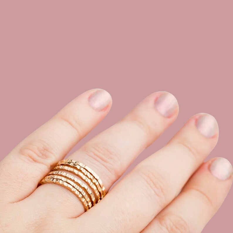 Rugged Stacking Rings 14K Gold Fill Lined Striped Rugged Hammered Stacking Rings Stackable Ring Stack Skinny Thin Ring Bands image 5