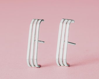 Triple Suspender Earrings | Sterling Silver Line Bar Cuff Stud Earrings | Geometric Suspension Earrings, Wrap Earrings | Minimalist Everyday