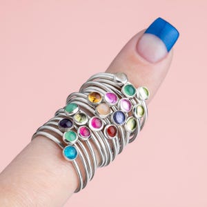 Aurelia Gemstone Stacking Ring | Tiny Single Colorful Stackable Birthstone Ring | Thin & Dainty Sterling Silver Neon Pastel Stone Stack Band