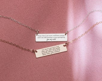 Custom Quote Bar Necklace | Personalized Engraved Skinny Message Bar Necklace in Silver, Gold, or Rose Gold | Customized Gift for Her