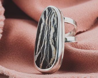 Size 6.5 White Buffalo Gemstone Ring | Black & White Stone In Sterling Silver | Huge Big Large Oval Beaded Boho Southwestern Statement Ring