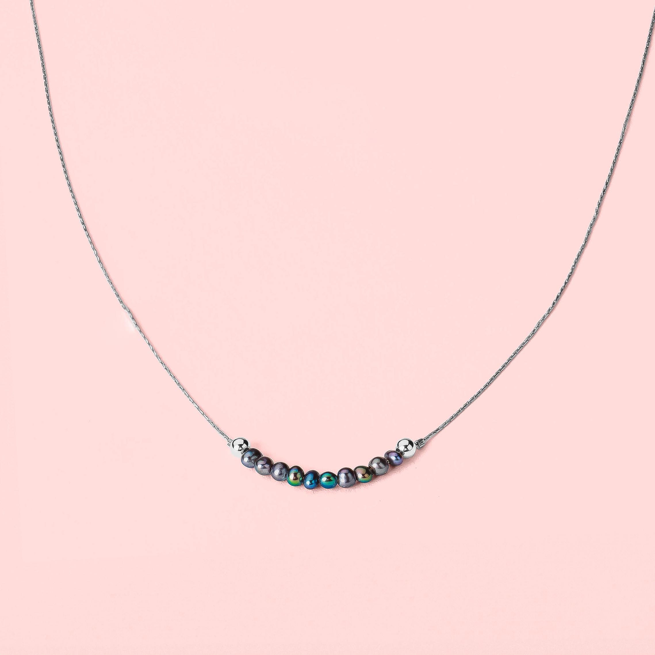 Jovie Black Pearl Necklace | Sterling Silver Beaded Natural Freshwater Pearls, Colorful Peacock Rainbow Multicolored Layering Necklace