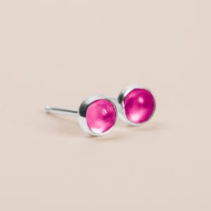 Hot Pink Ruby Gemstone Stud Earrings | Sterling Silver Small Tiny Little Round Circle Post Earrings | Multiple Sizes | July Birthstone