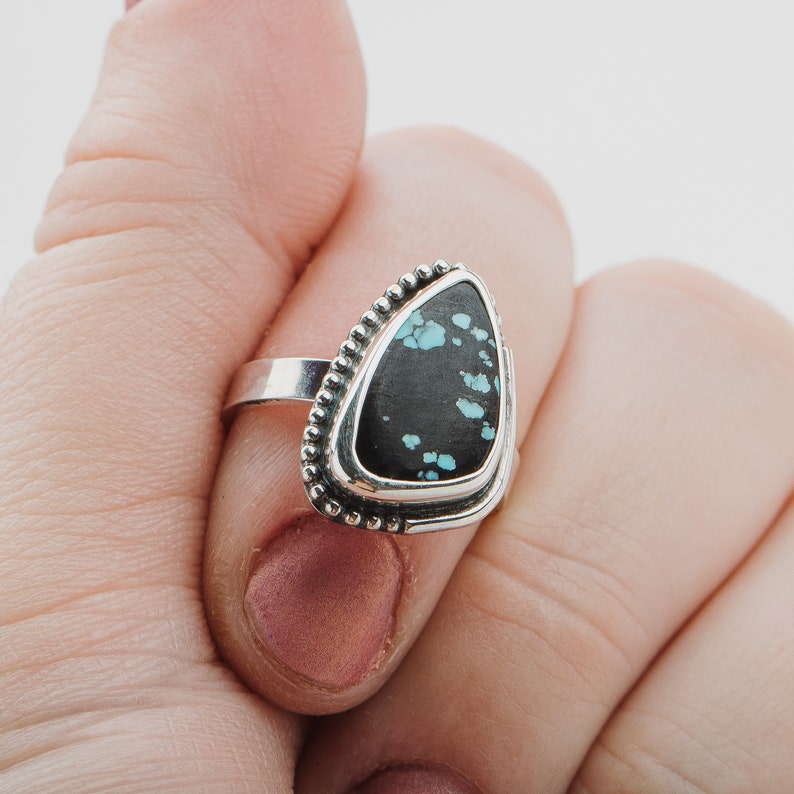 Size 5.75 Black & Blue Cloud Mountain Turquoise Gemstone Ring In Sterling Silver Triangle Beaded Dotted Boho Bohemian Statement Ring image 3