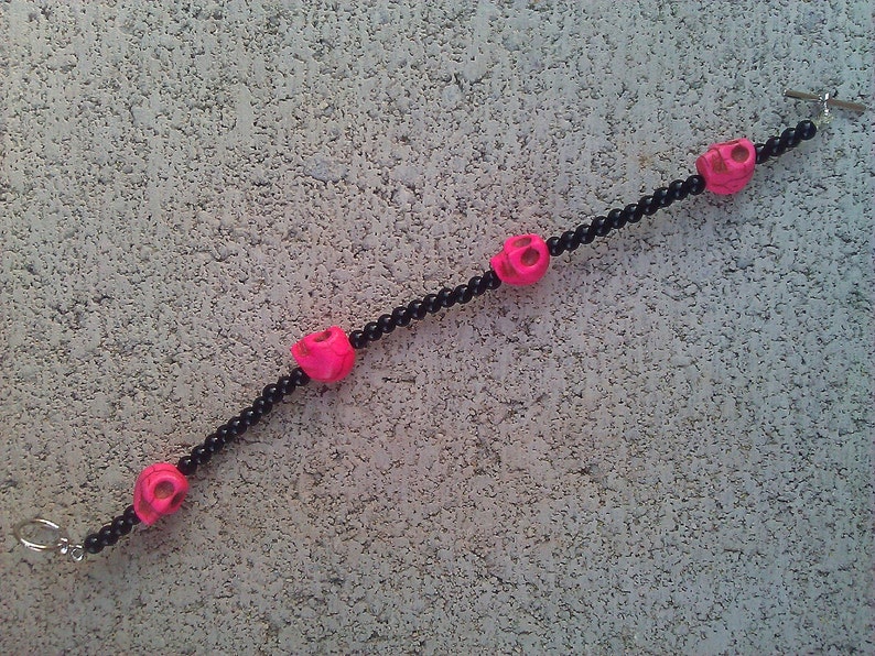 Pink and Black Skull Calavera Bracelet, Day of the Dead, Dia De Los Muertos image 2