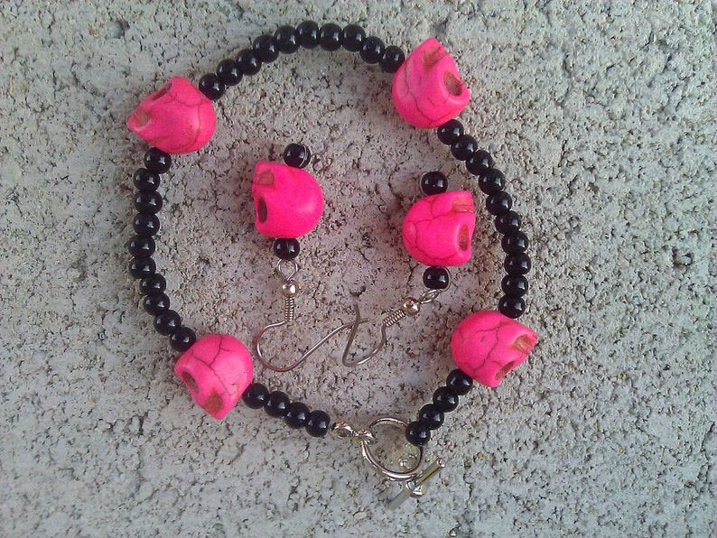 Pink and Black Skull Calavera Bracelet, Day of the Dead, Dia De Los Muertos image 3