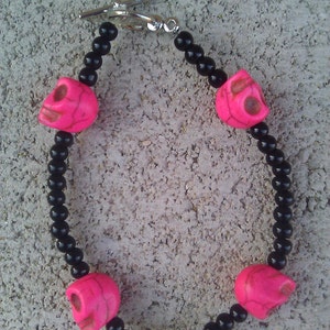 Pink and Black Skull Calavera Bracelet, Day of the Dead, Dia De Los Muertos image 1