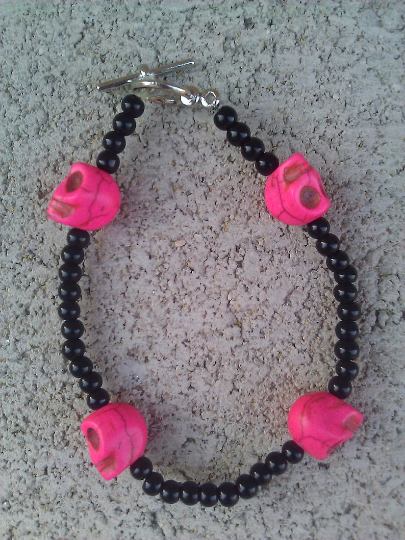 Pink and Black Skull Calavera Bracelet, Day of the Dead, Dia De Los Muertos image 1