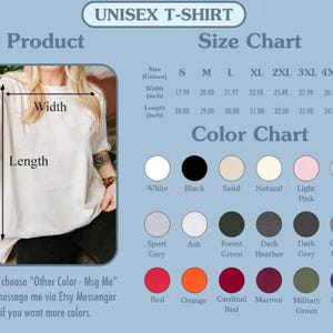 May include: A unisex t-shirt size and color chart featuring a light-colored shirt with width and length measurement arrows. The chart lists sizes S through 5XL with imperial measurements in inches and displays twenty-one distinct color options.