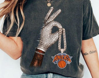 New York Basketball T-Shirt, Knicks Bling Hand Sign Graphic Tee, Retro Sports Apparel NYC Hoop Tee