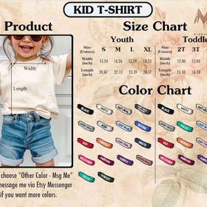 May include: A kid t-shirt size and color chart featuring a beige short-sleeve shirt on a child, a size chart with width and length in inches for youth and toddler sizes, and a color chart displaying various fabric color options with labels.