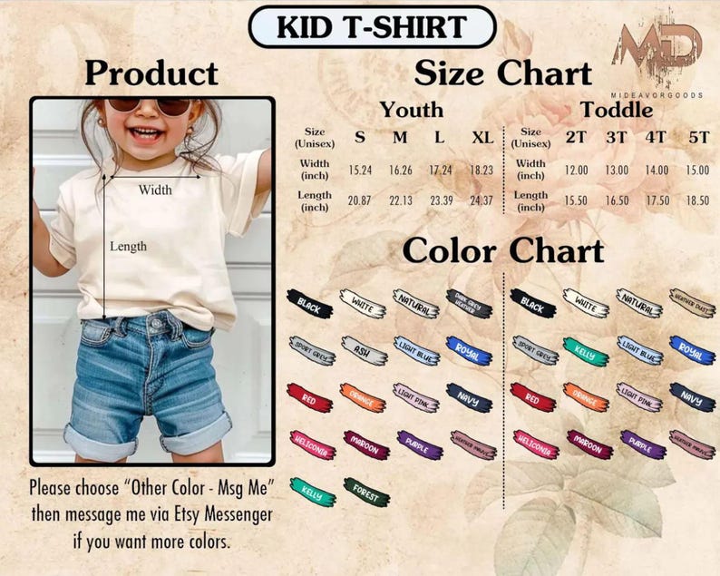 May include: A kid t-shirt size and color chart featuring a beige short-sleeve shirt on a child, a size chart with width and length in inches for youth and toddler sizes, and a color chart displaying various fabric color options with labels.