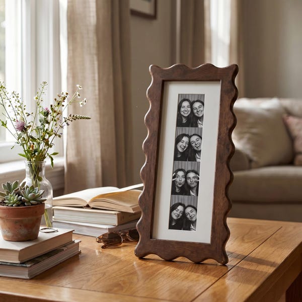 Vintage Wavy Edge Wooden Photo Booth Frame, Photo Strip Frame with White Mat, 2x6 2x8 Tabletop & Wall Home Decor, Keepsake Gift for Her
