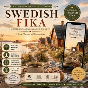 Animated Swedish Fika Video Greeting Card | Digital MP4 Download | Thinking of You Gift | Virtual Hug | Scandinavian Coffee Lover Gift