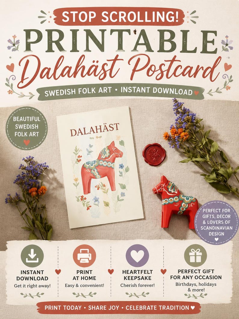 Dala Horse Printable Wall Art, Scandinavian Folk Art Print, Swedish ...
