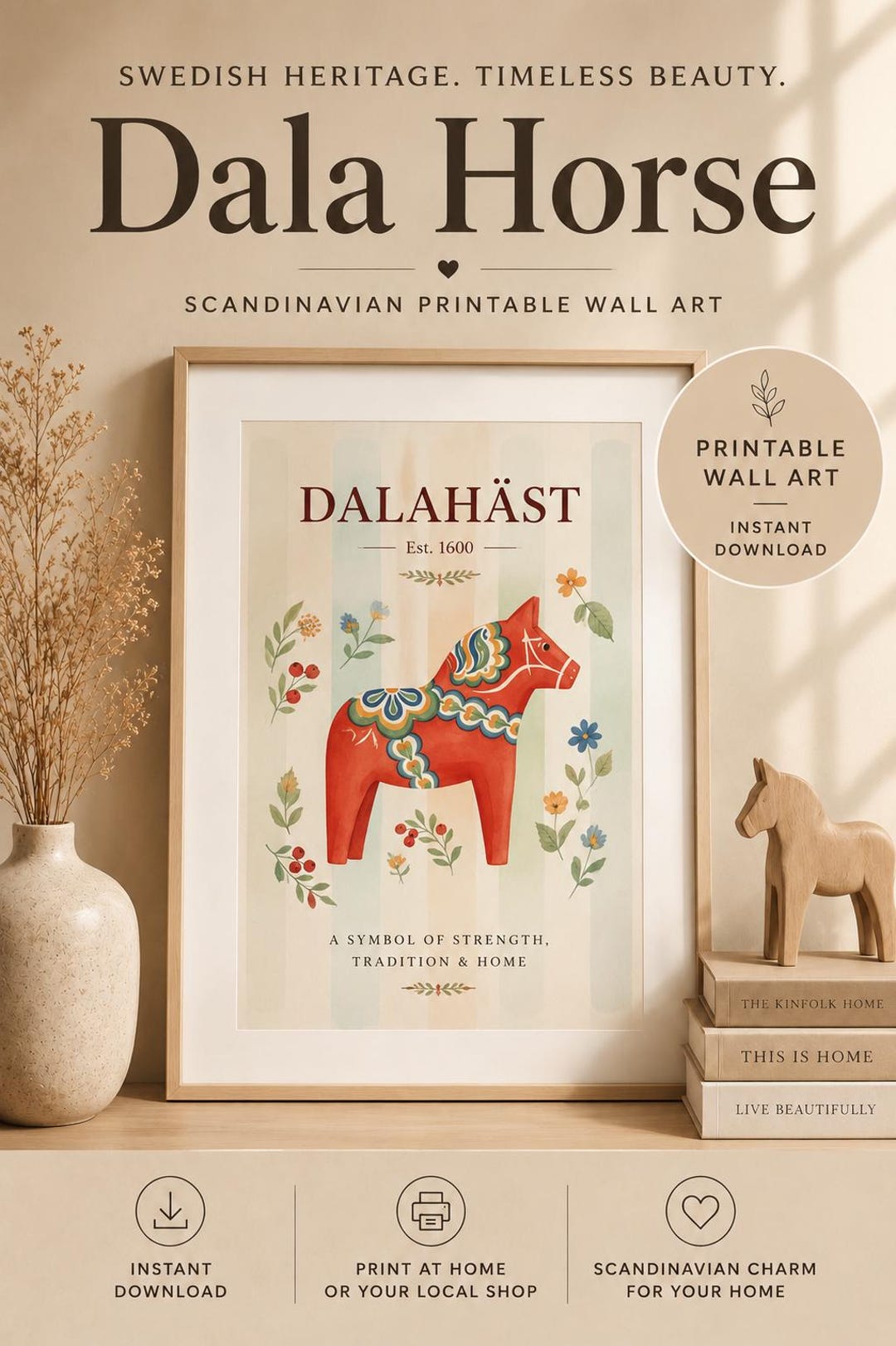 Dala Horse Printable Wall Art, Scandinavian Folk Art Print, Swedish ...