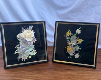 Vintage Kafka Industries Foil Art Floral Set of 2, 1970s Mid Century Framed Wall Decor, Metallic Etched Glass Black Gold Tinsel Art