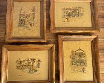 Set of 4 Vintage Clyde Cole Framed Prints English Inns Village Scenes Wood Frame