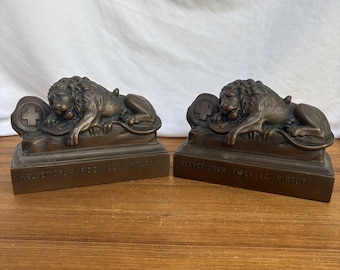 1930s Antique Lion Monument of Lucerne Switzerland Bronze Jennings Bookends